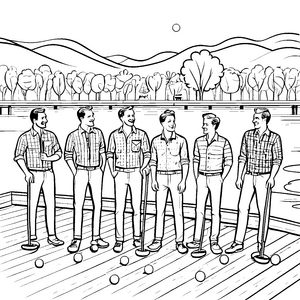 Sechs Freunde in gemusterten Herrenhemden auf dem Holzdeck