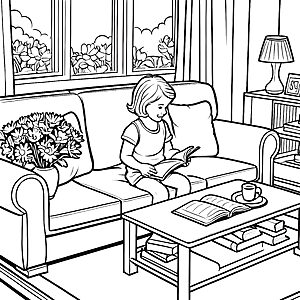 Ein gemütlicher Couchtisch im Wohnzimmer mit vielen Büchern – Ausmalbild fuer kleine Entdecker