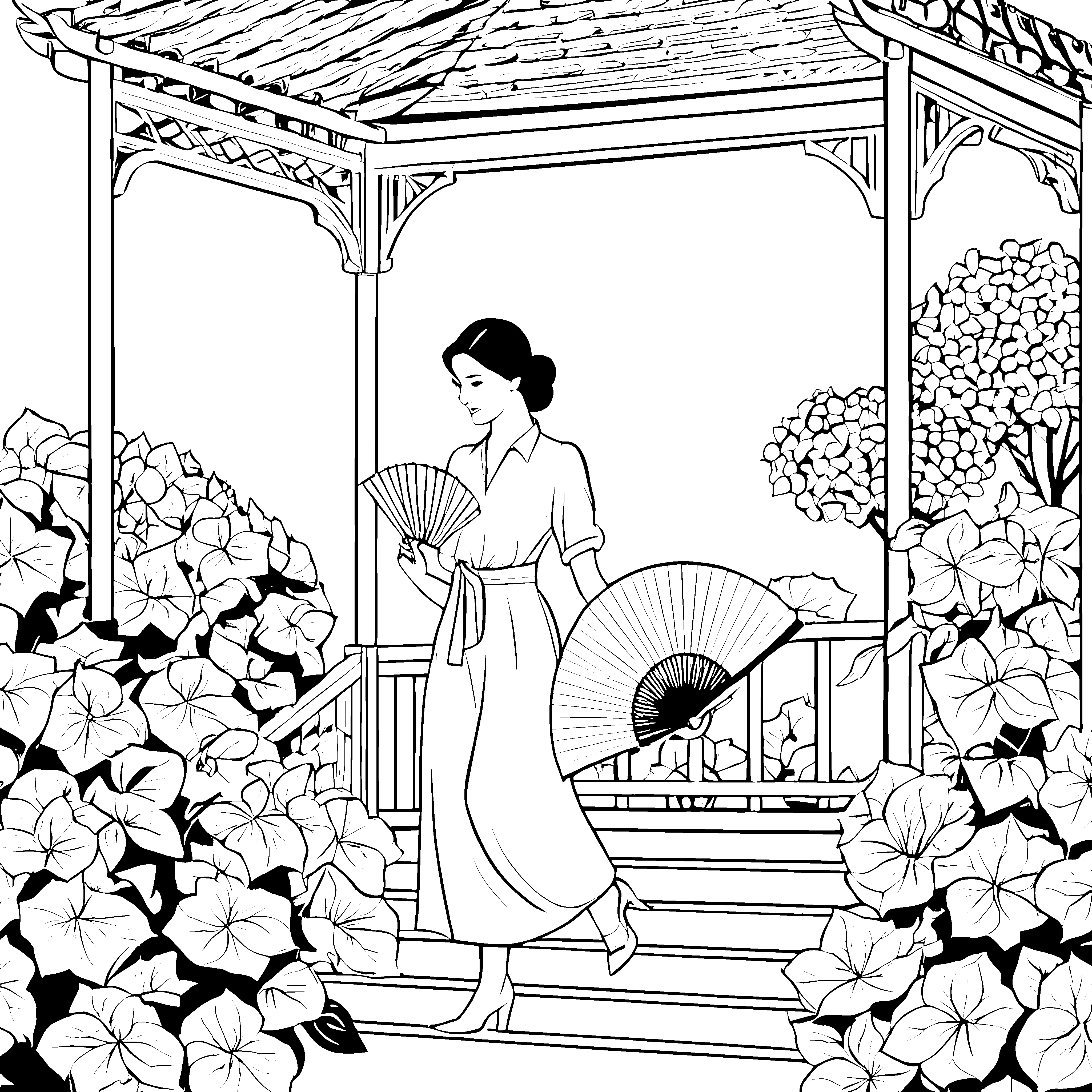 Die Dame mit Handfächern im Blumenpavillon zum Ausmalen