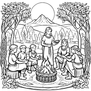 Kelten am Lagerfeuer in der Berglandschaft - Ausmalbild fuer kleine Tierfreunde