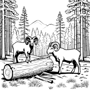 Die Hörner von Hammeln zwischen Wald und Bergen ausmalen
