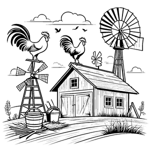 Prächtige Hähne beim Bauernhof mit Windmühlen zum Ausmalen