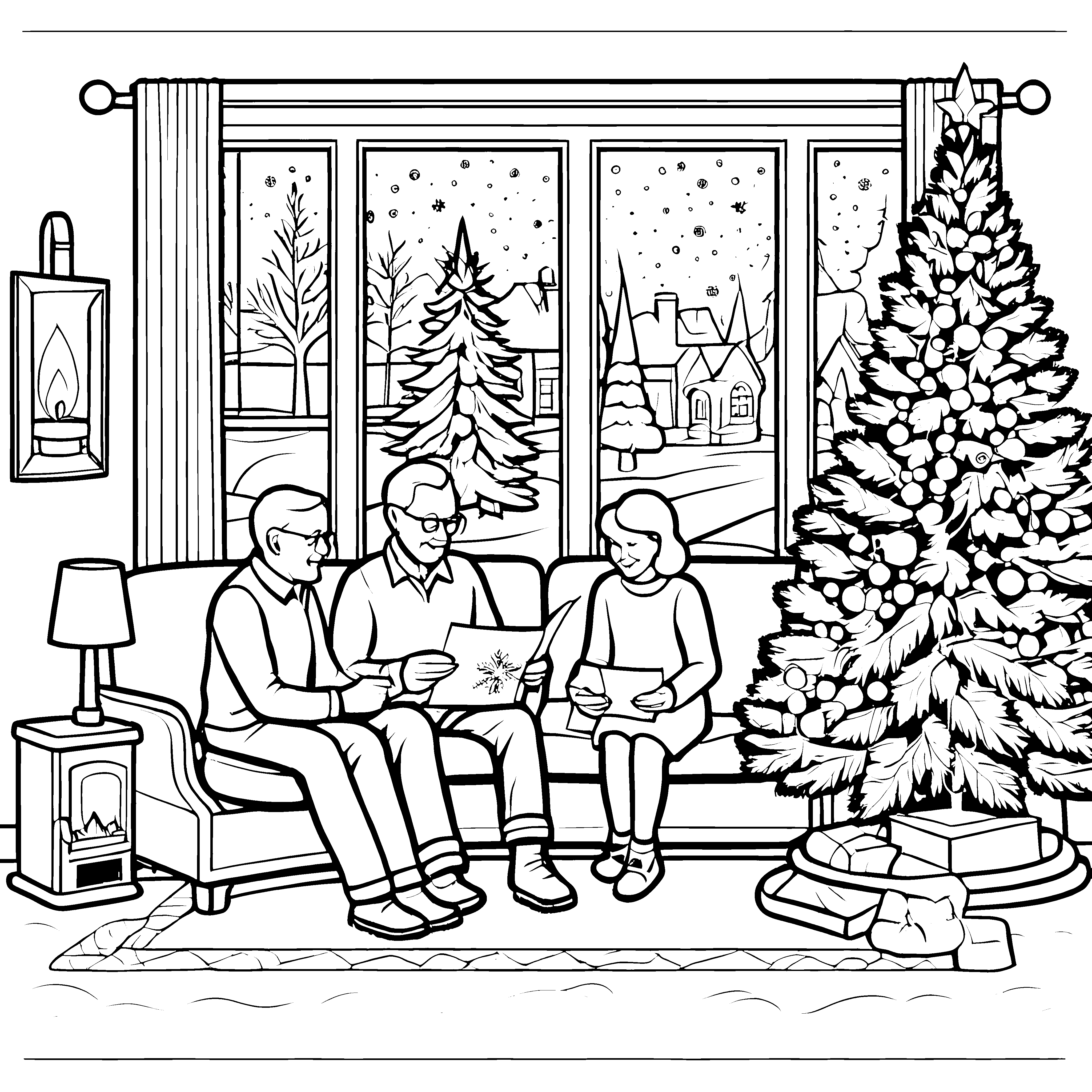 Weihnachtliche Gemütlichkeit: Großeltern und Familie malen.