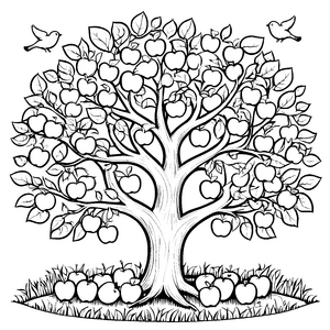 Der große Apfelbaum mit Vögeln und vielen Äpfeln - Ausmalbild fuer kleine Entdecker