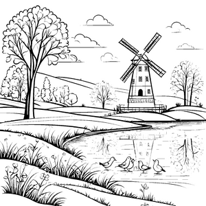 Windmühlen im idyllischen Hügelland mit Vögeln zum Ausmalen