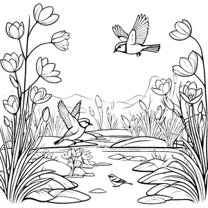 Vögel am Teich zwischen Tulpenblüten zum Ausmalen
