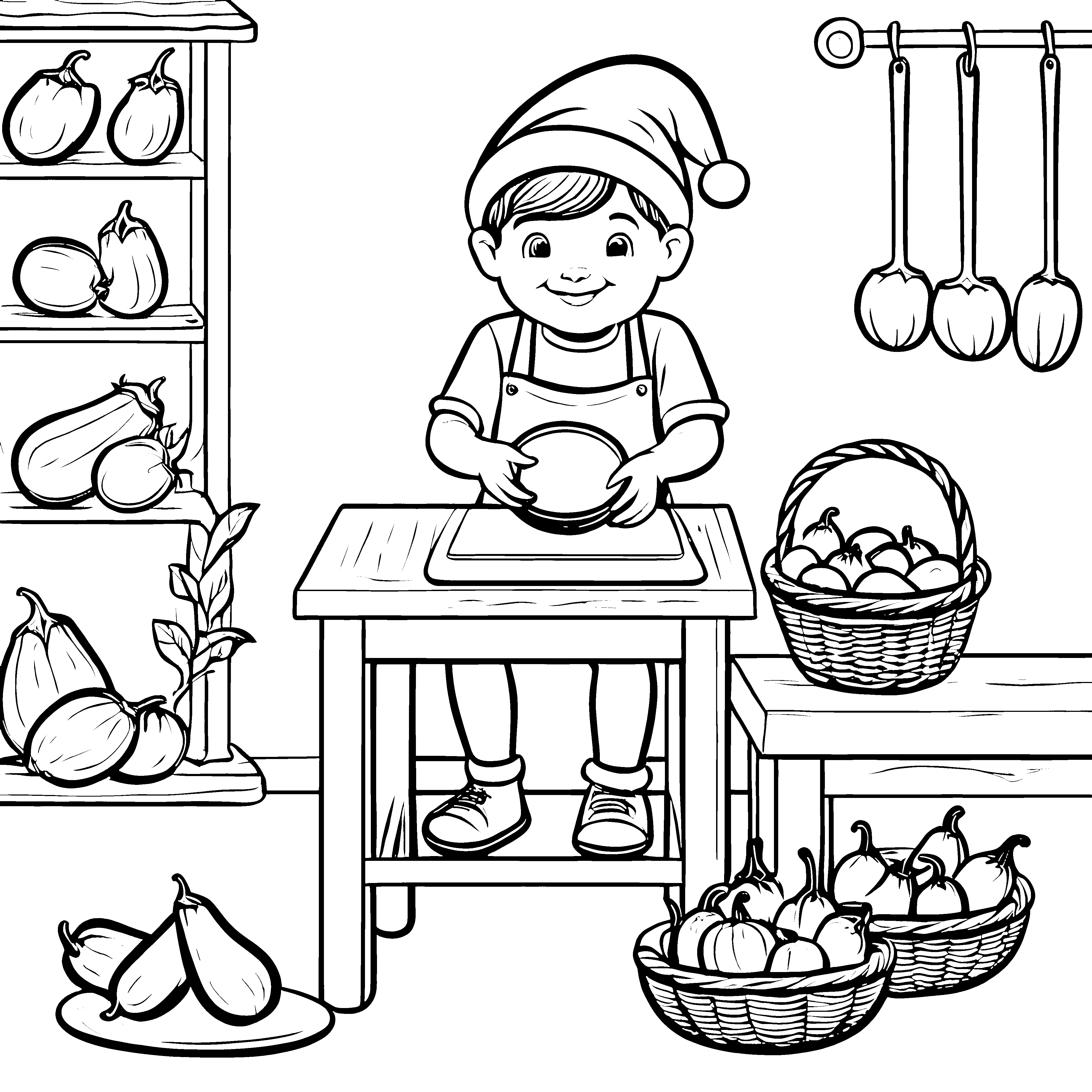Das Kind schneidet eine Aubergine in der Küche - Ausmalbild fuer kleine Entdecker