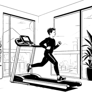 Sportlich fit auf dem Laufband im hellen Fitnessraum Ausmalbild fuer kleine Entdecker