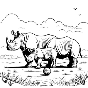 Nashornmama und Baby auf der Savanne zum Ausmalen