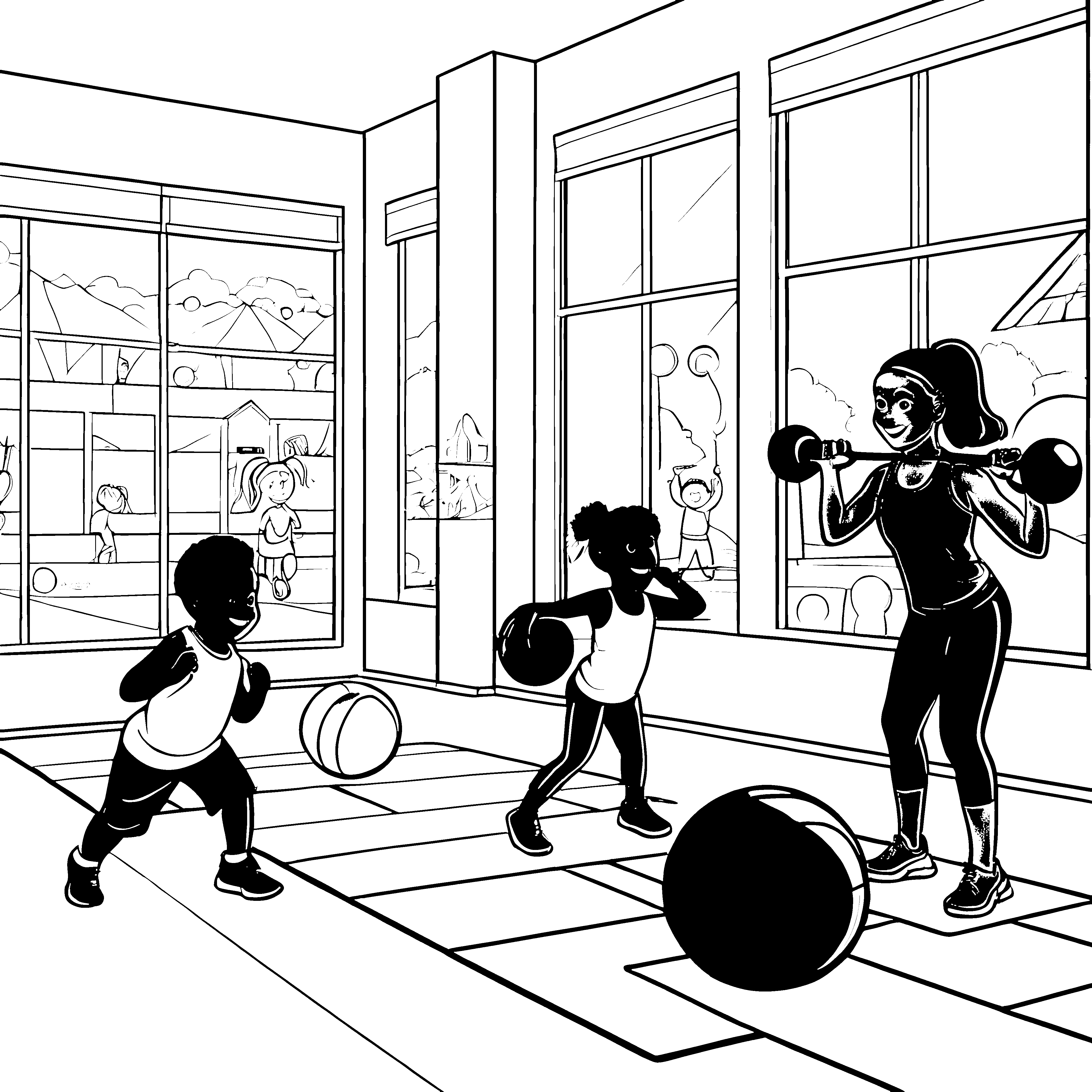 Fitnessstudio-Training mit vielen Medizinbällen Ausmalbild fuer kleine Entdecker