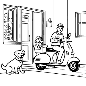 Der Pizzabote mit seinem Hund vor dem Haus zum Ausmalen