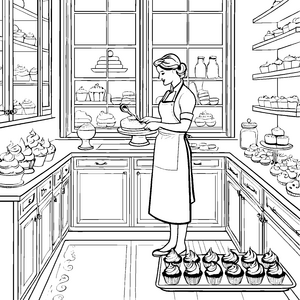 Die Konditorin backt bunte Cupcakes in der süßen Bäckerei