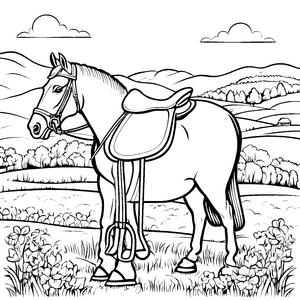 Das Pferd mit dem Reitsattel in der Wiesenlandschaft zum Ausmalen