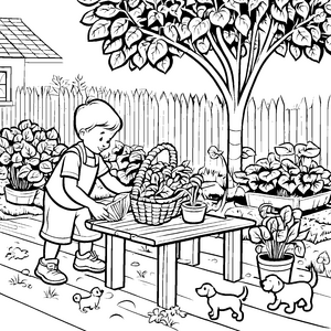 Spinat sammeln: Ein Junge mit Hunden im Garten malen