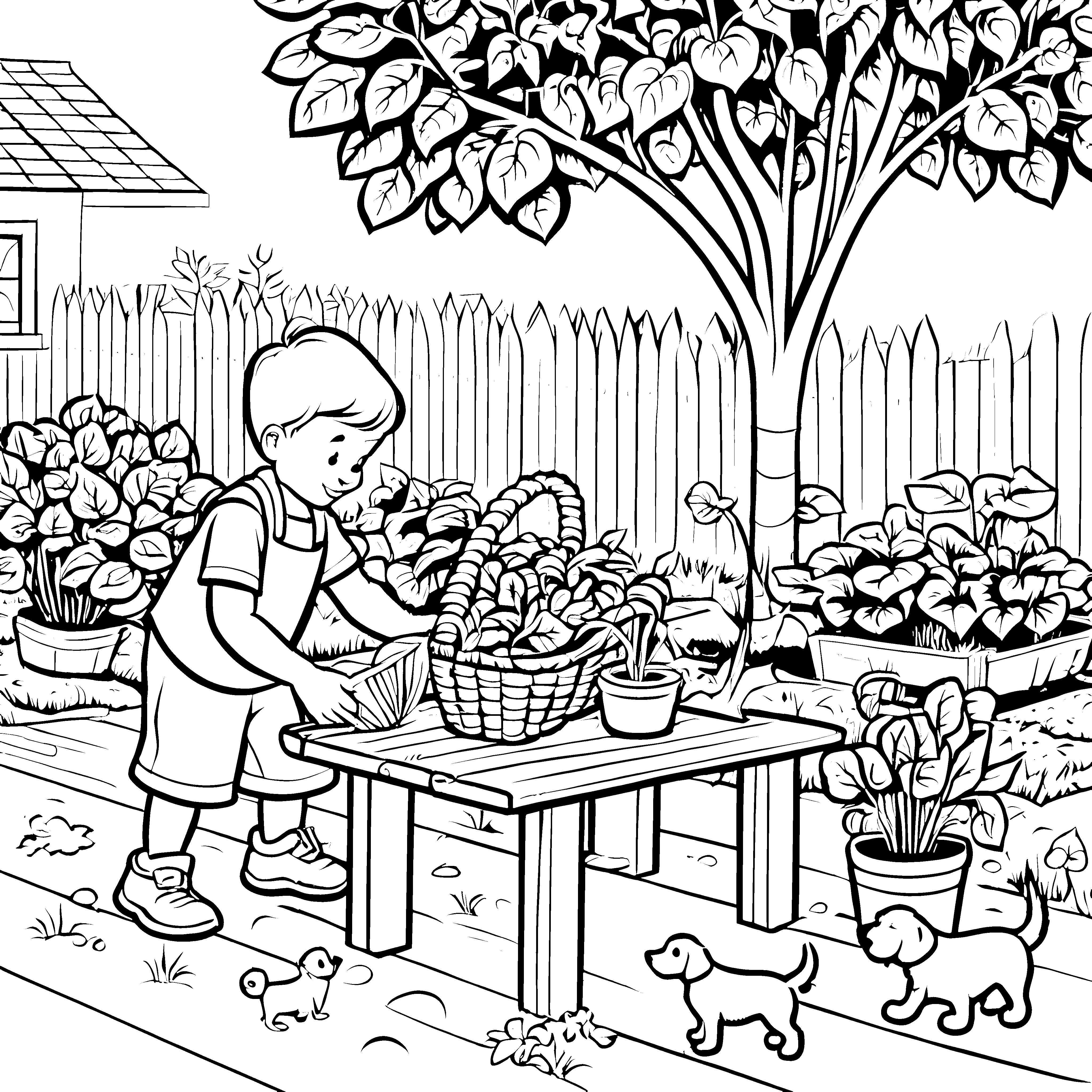 Spinat sammeln: Ein Junge mit Hunden im Garten malen