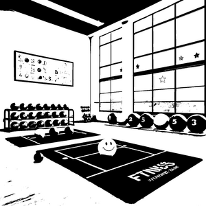 Ausmalbild: Medizinbälle im Fitnessraum fuer kleine Entdecker