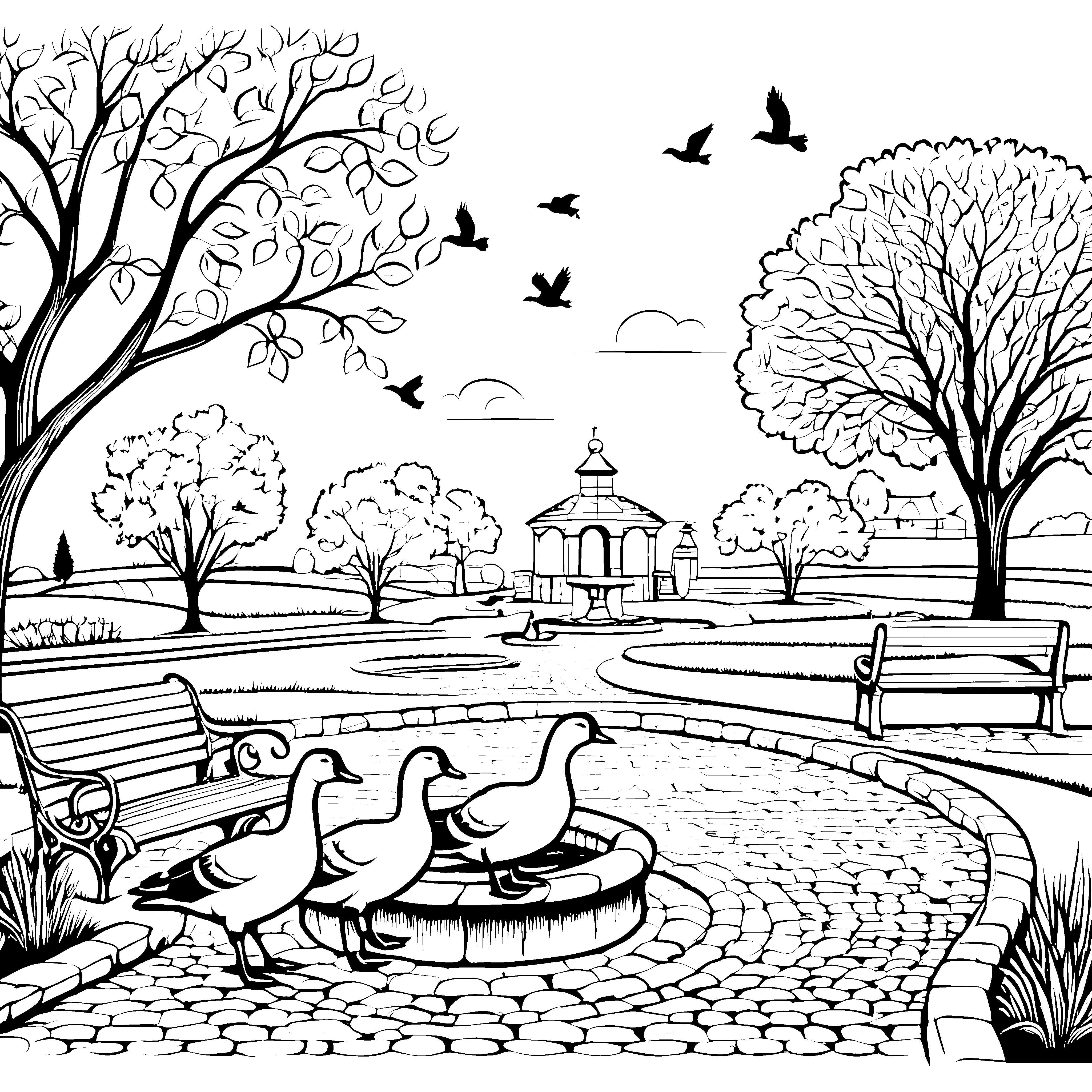 Gänse im Hof: Ein ländliches Ausmalspiel mit Pavillon und Bänken