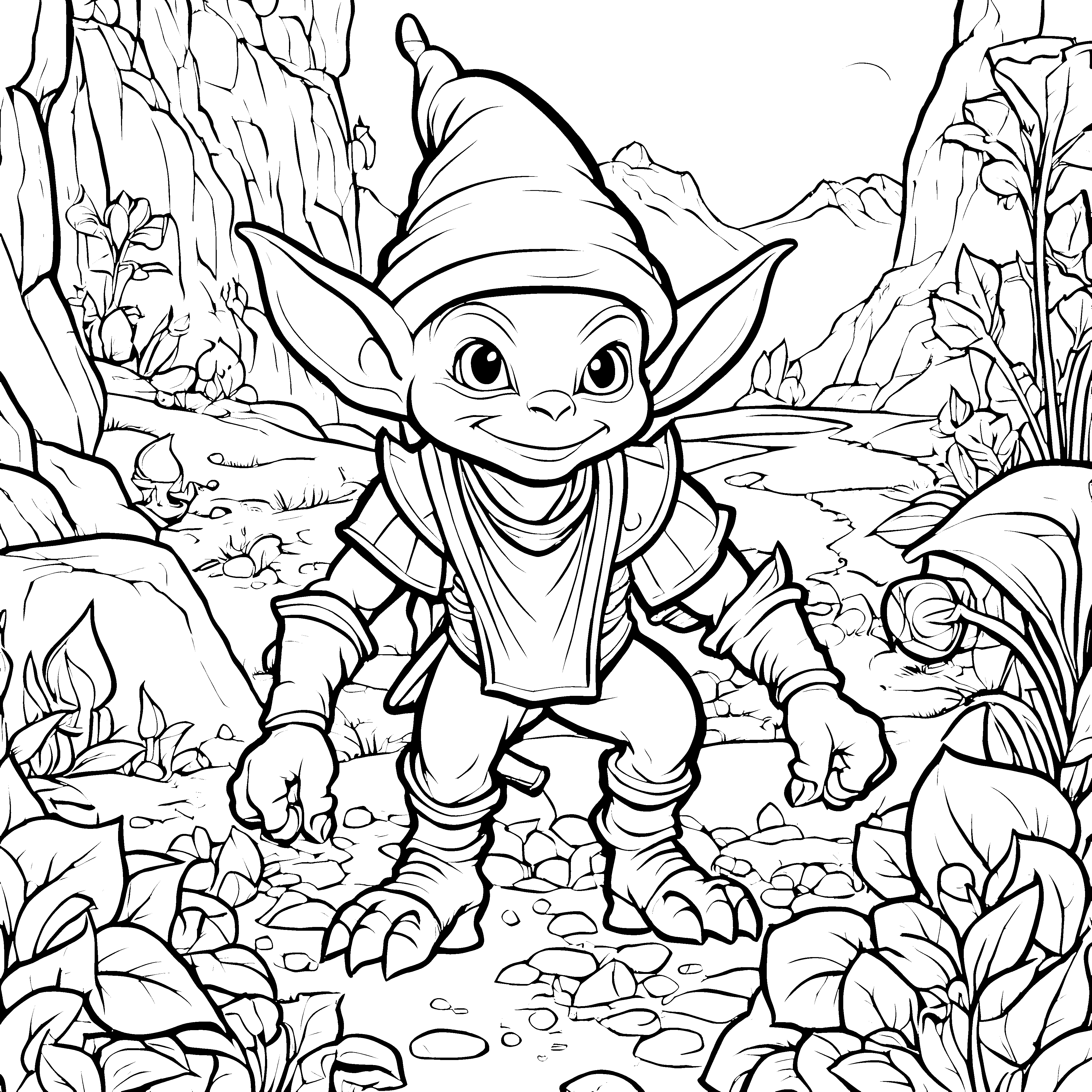 Der freundliche Goblin im felsigen Wald - Ausmalbild fuer kleine Tierfreunde
