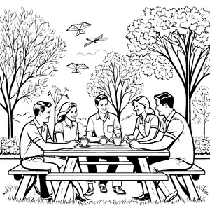 Picknick mit Freunden: Männer in Hemden und fliegende Drachen