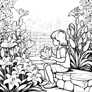 Ein Kind im Garten mit wunderschönen Lilien – Ausmalbild fuer kleine Entdecker