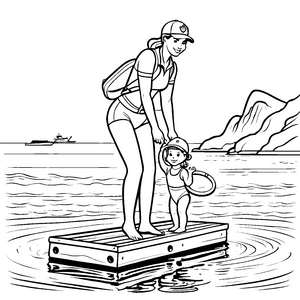 Rettungsschwimmerin rettet Kind am Strand mit Bergpanorama