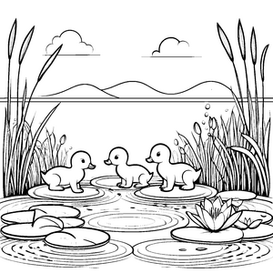 Nilpferdbabys auf Lotusblättern im Teich malen zum Ausmalen