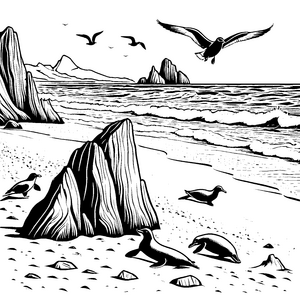 Robben am Strand: Ein Abenteuer an der felsigen Küste zum Ausmalen