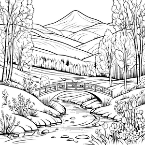 Ein Ausflug durch das Blumen-Tal mit Bach und Brücke