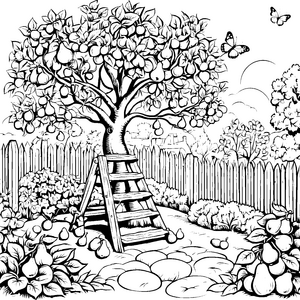 Der große Birnenbaum mit der Holzleiter im Garten – Ausmalbild fuer kleine Entdecker