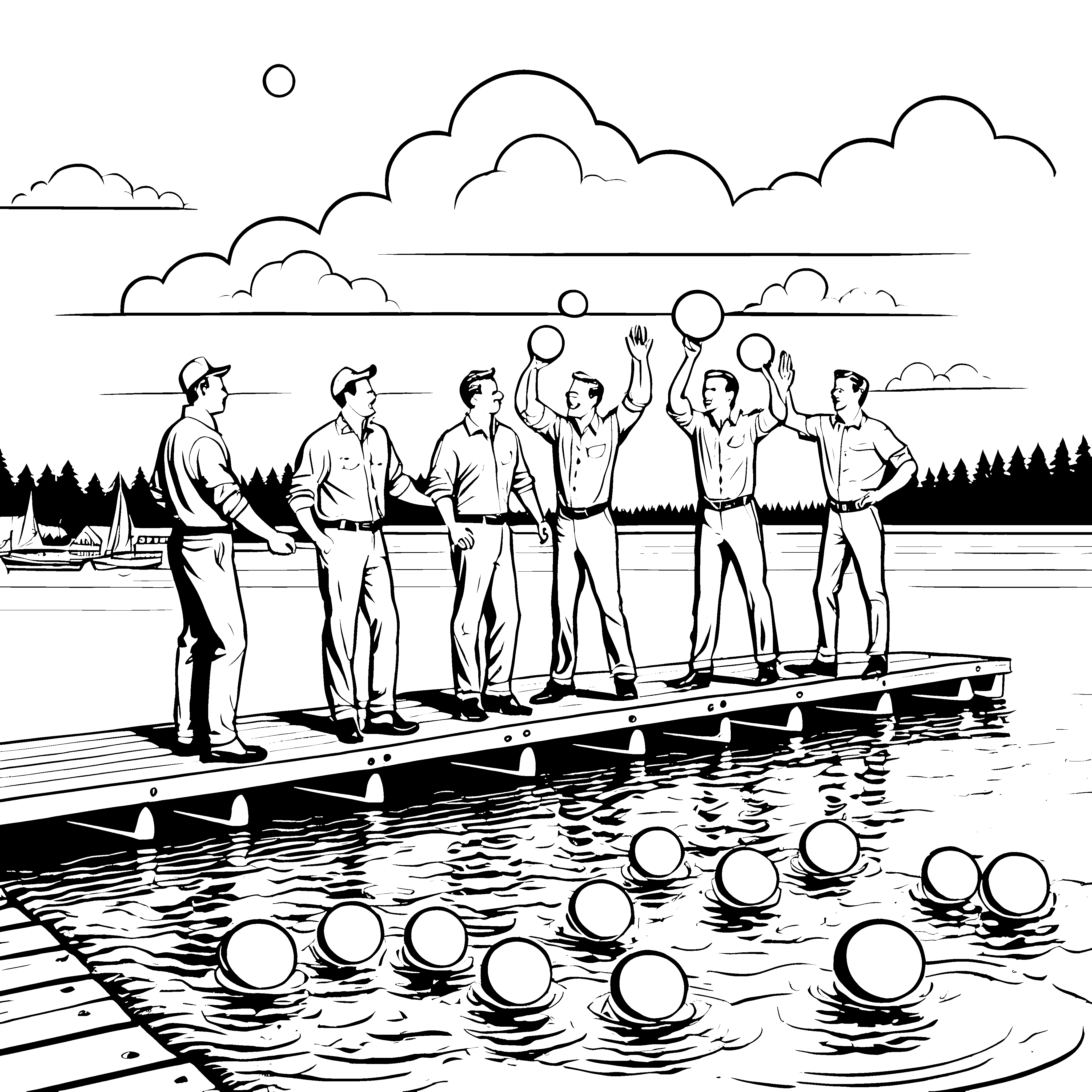 Freundliches Männerspiel mit Bällen auf dem Steg malen