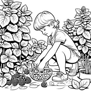 Ein Kind sammelt Himbeeren im blühenden Strauchgarten