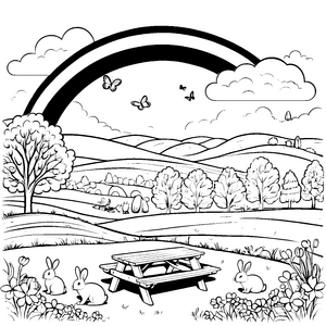 Regenbogen über der Wiese mit Schmetterlingen und Hasen zum Ausmalen