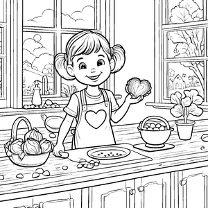 Das kleine Mädchen kocht frischen Wirsing in der Küche - Ausmalbild fuer kleine Entdecker