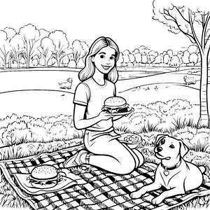 Picknick mit Hunden und leckeren Burgern zum Ausmalen