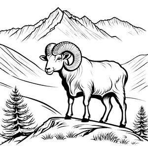 Der Hörner-Hammel auf dem grünen Berg bei Nadelbäumen zum Ausmalen