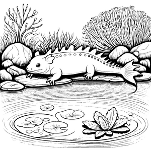 Axolotl am Ufer: Ein Ausmalspaß mit Seerosenblättern