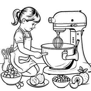 Mädchen malt Standmixer mit Beeren und Äpfeln aus