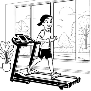 Der Junge trainiert sportlich auf dem Laufband – Ausmalbild fuer kleine Entdecker