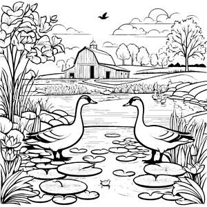 Gänse am Teich vor dem Bauernhof zum Ausmalen