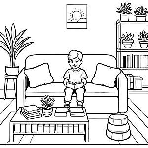 Der Junge liest gemütlich am Couchtisch: Ausmalbild fuer kleine Entdecker