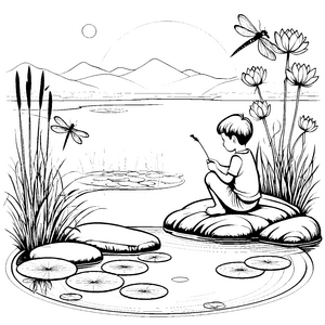 Der Junge malt bei blühenden Lotusblüten im Teich