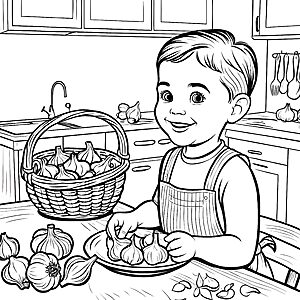 Der kleine Koch bereitet frischen Knoblauch vor - Ausmalbild fuer kleine Entdecker
