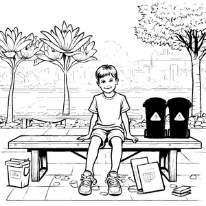 Der Junge im Park bei den Mülltonnen zum Ausmalen