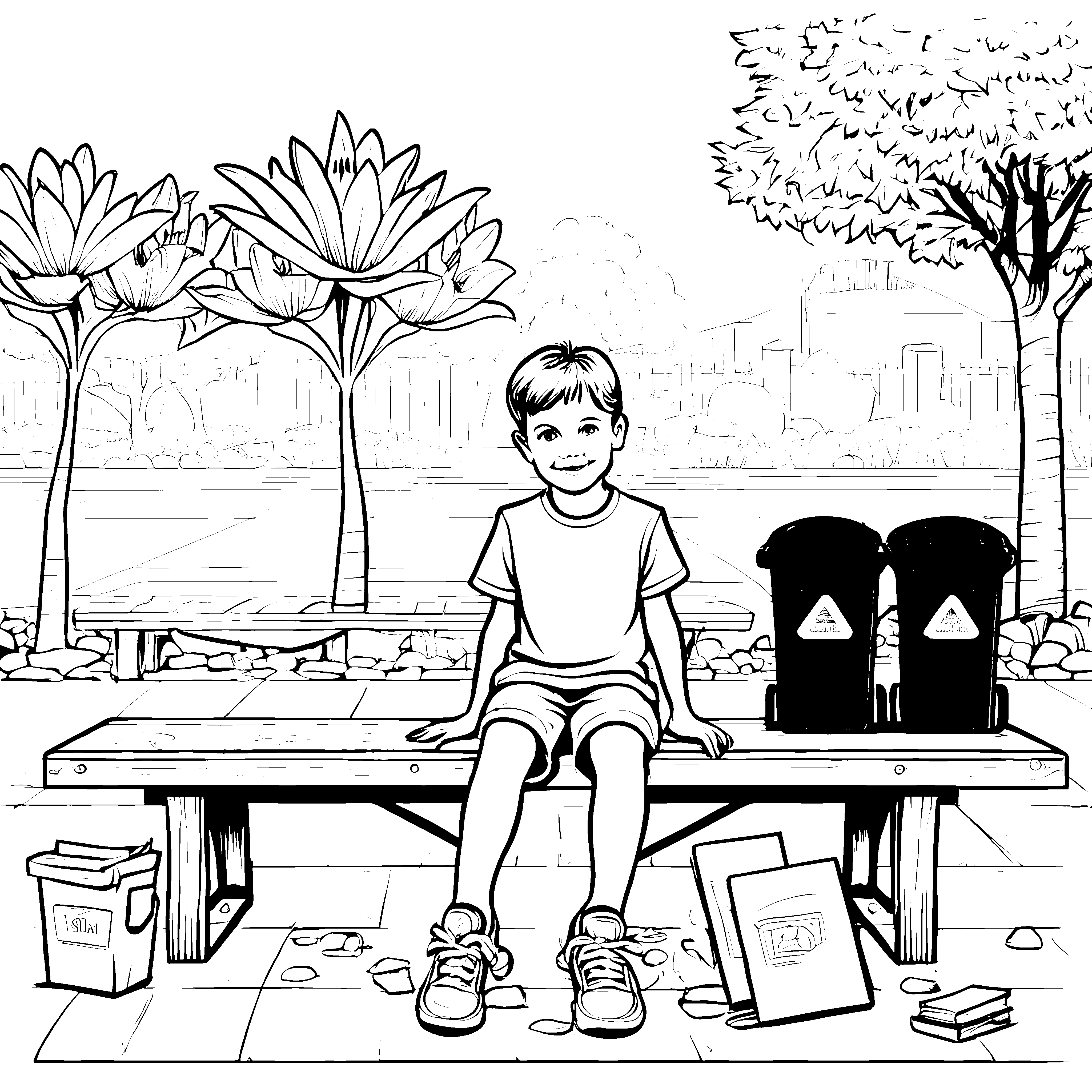 Der Junge im Park bei den Mülltonnen zum Ausmalen