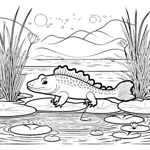 Axolotl im Teich: Ein Ausmalspaß mit Wasserpflanzen und Hügeln
