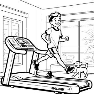 Der Junge und sein Hund auf dem Laufband – Ausmalbild fuer kleine Tierfreunde