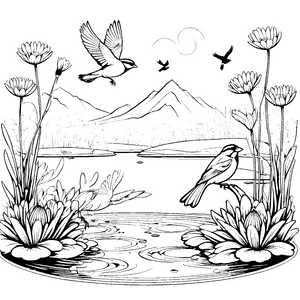 Vögel am Teich zwischen Blüten und Bergen malend