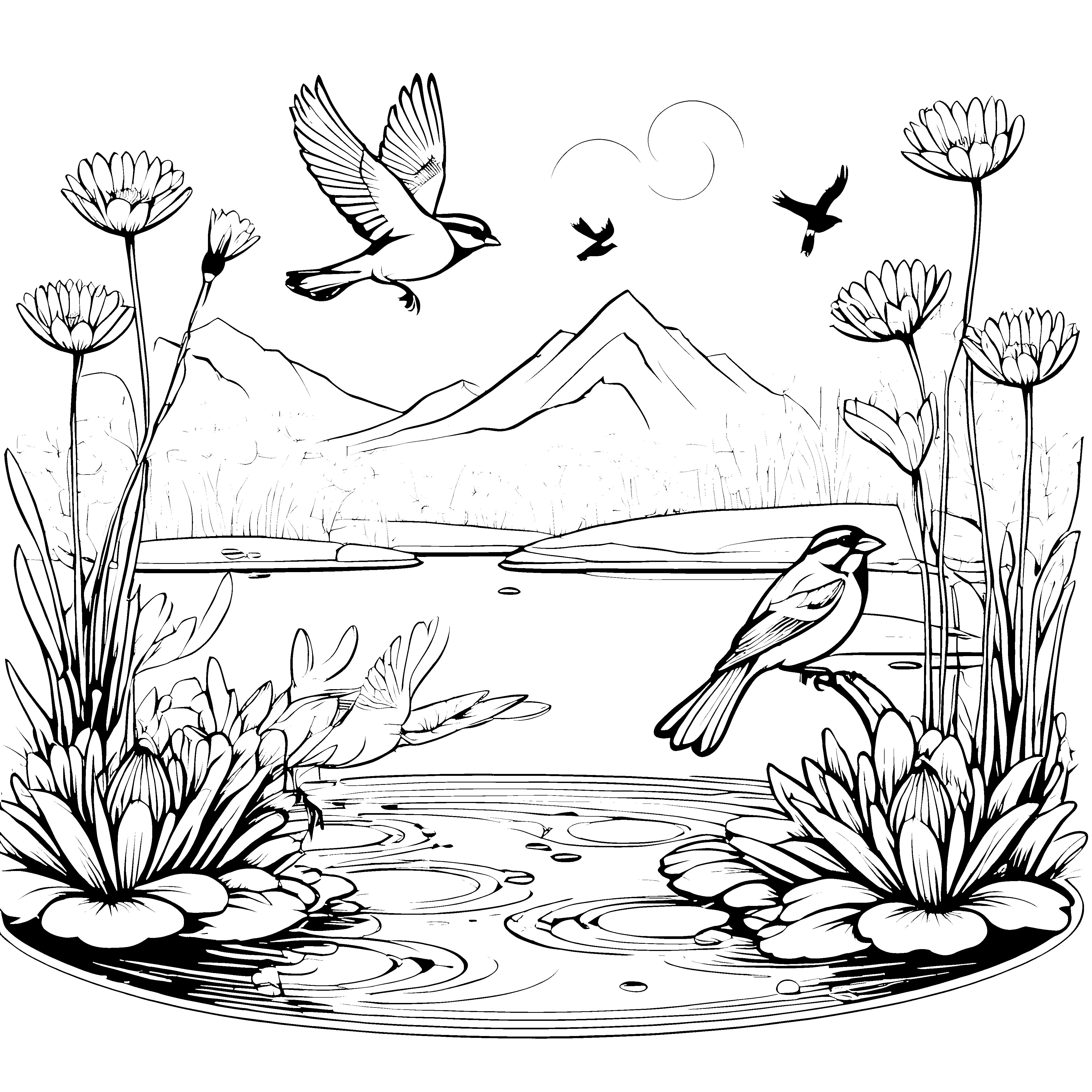 Vögel am Teich zwischen Blüten und Bergen malend