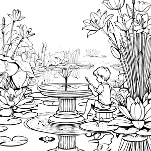 Ein kleiner Junge am Springbrunnen mit vielen Lilien – Ausmalbild fuer kleine Entdecker