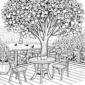 Der große Apfelbaum auf der Terrasse mit Tisch und Stühlen – Ausmalbild fuer kleine Entdecker